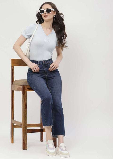Madame High Rise Dark Blue Distressed Hem Flared Jeans