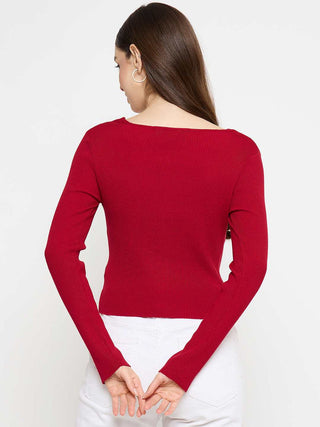 Madame Ribbed Knit Square Neck Red Crop Top