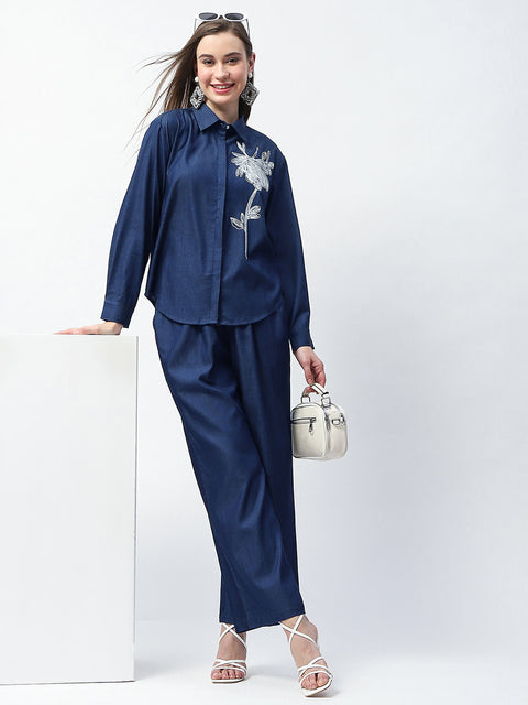 Madame Dori Embroidered Navy Blue Cotton Blend Shirt