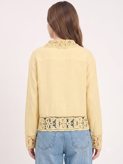 Madame Yellow Lace Detail Rayon Linen Full Sleeve Shirt