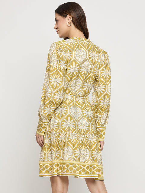 Madame Green Printed Rayon Mandarin Collar Midi Dress