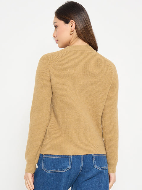Madame Embroidered Khaki Solid Sweater