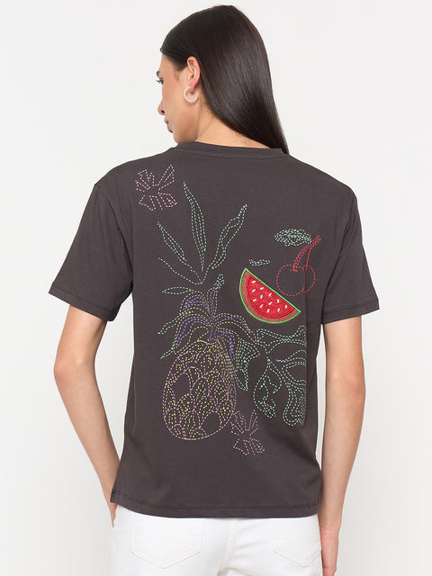 Madame Charcoal Cotton Half-Sleeve T-Shirt