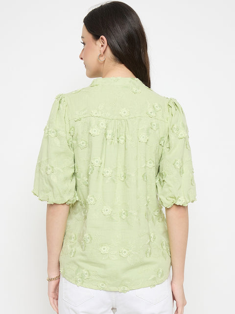 Madame Apple Green Cotton Mandarin Collar Top