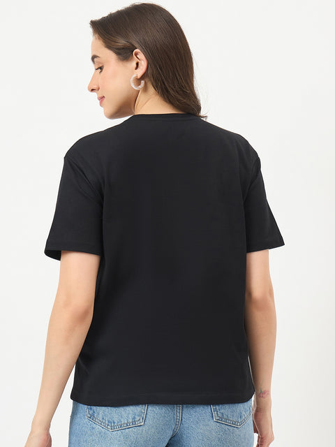 Madame Black Cotton Graphic Half-Sleeve T-Shirt