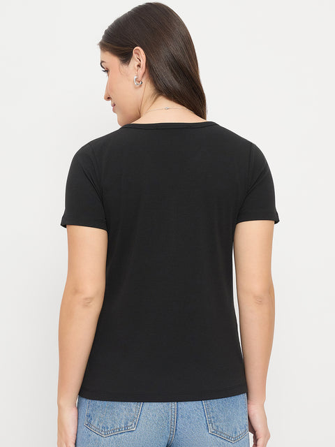 Madame Black V-Neck T-Shirt with Button Placket