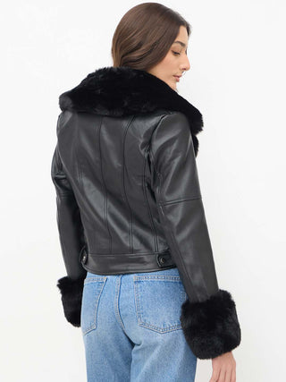 Madame Faux Fur Notch Lapel Collar Black PU Leather Jacket