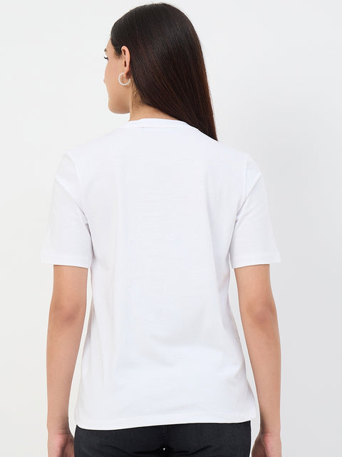 Madame White Printed Crew Neck Cotton T-Shirt
