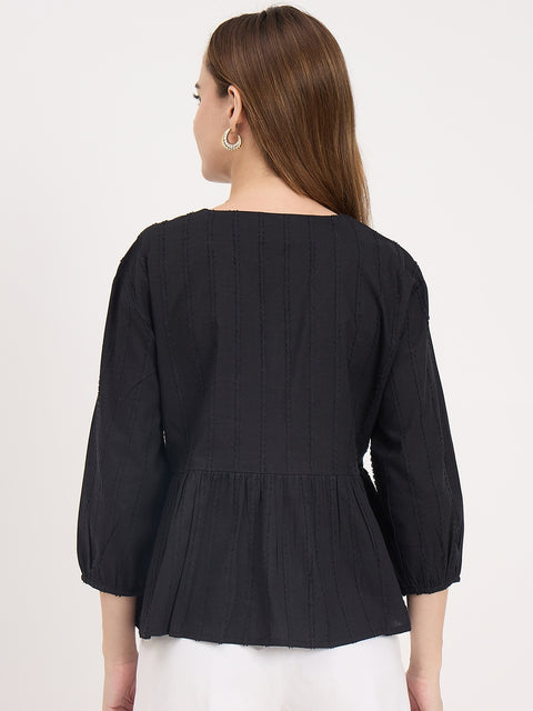 Madame Black Cotton Ruched V-Neck Puff Sleeve Top