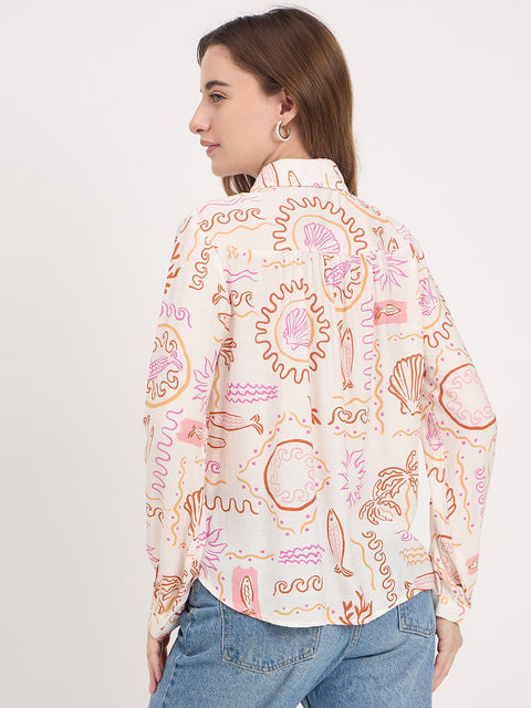 Madame Off White Printed Rayon Full Sleeve Shirt