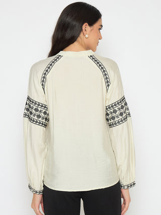 Madame Embroidered Off White Rayon Blend Top
