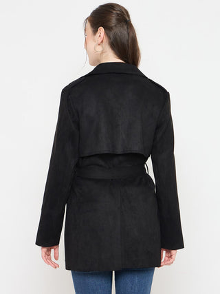 Madame Black Coat with Notched Lapel Collar and Belt