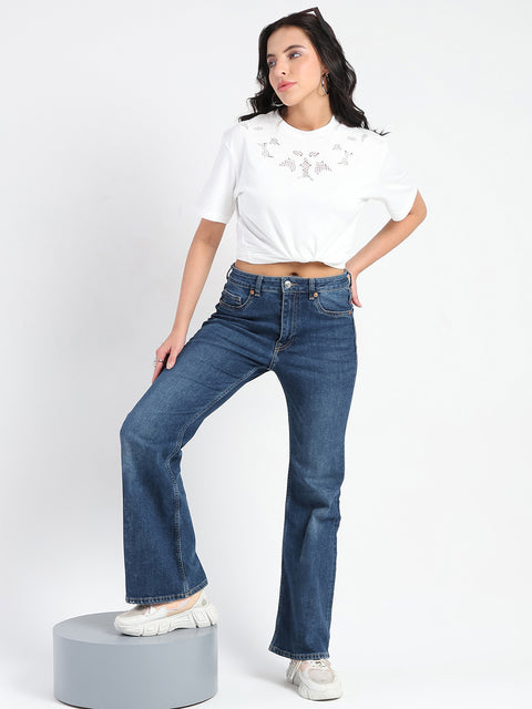 Madame Embroidered Round Neck White Cotton Lycra T-shirt