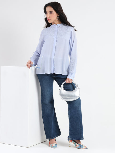 Madame Tencel Blend Embroidery Detail Blue Shirt