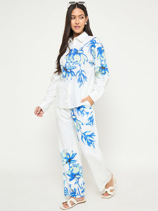 Madame Floral Print Shirt and Trousers Blue Cotton Co-ord Set