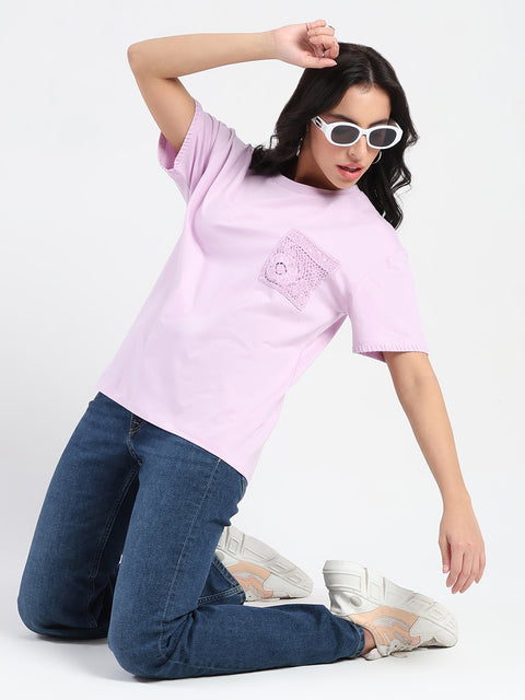 Madame Pocket Detailed Solid Mauve Cotton Blend T-shirt