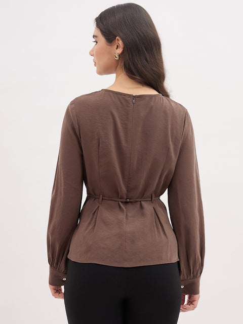 Madame Brown Cinched Waist Rayon Blend Top