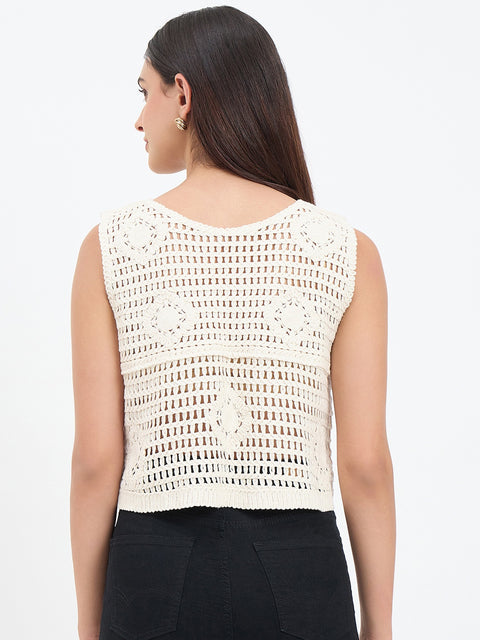 Madame Off White Cotton Embroidered Vest Top