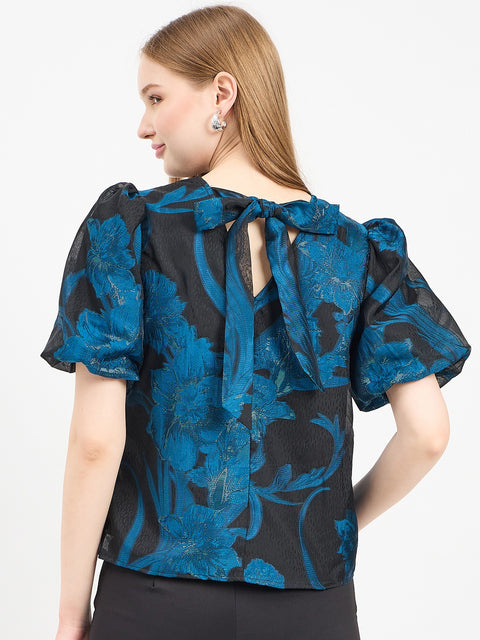 Madame Textured Teal Puff Sleeve Top