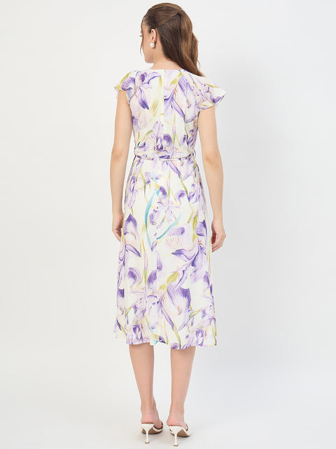 Madame Purple Printed Ruffle Sleeve Midi Dress