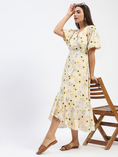 Madame Floral Print Wrap Detailed Yellow Maxi Dress