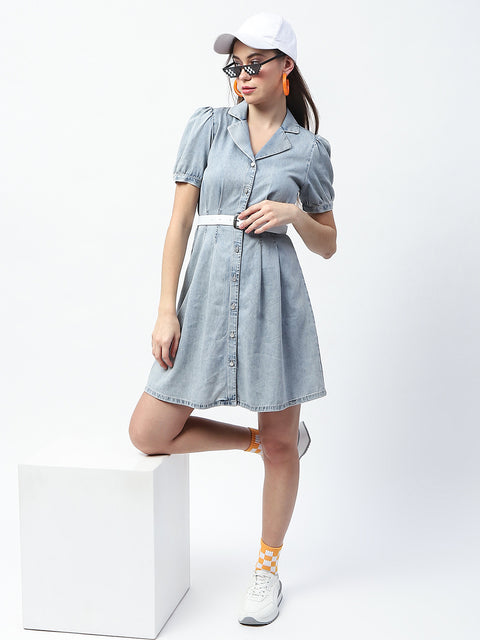 Madame Pintuck Detailed Light Blue Mini Denim Dress