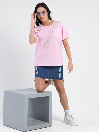 Madame Embroidery Cutwork Detail Solid Lilac Cotton T-shirt