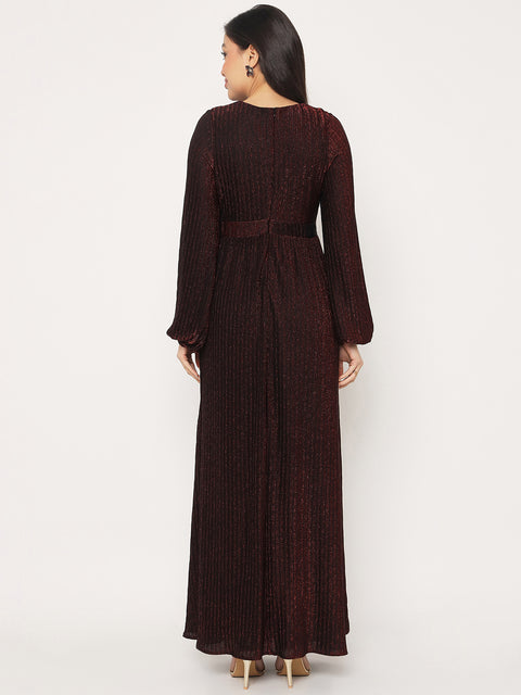 Madame Cinched Waist Fit and Flare Maroon Maxi Dress
