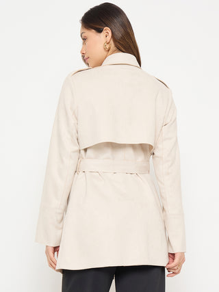 Madame Lapel Notch Collar Off White Long Coat with Belt and Buttons