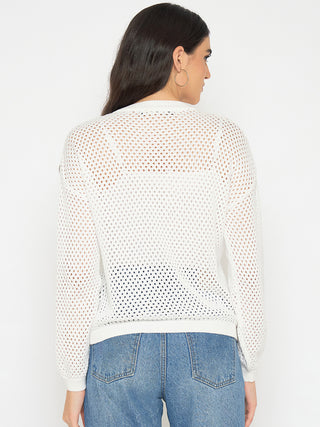Madame Embroidered Semi Sheer Off White Knitted Top