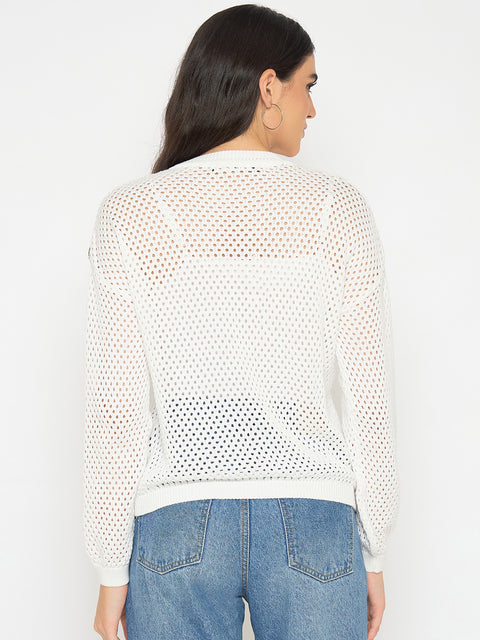 Madame Embroidered Semi Sheer Off White Knitted Top