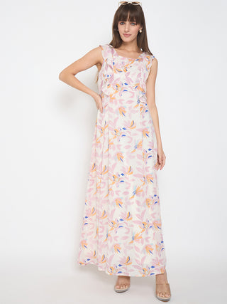 Madame Floral Print Ruffle Detail Off White Midi Dress