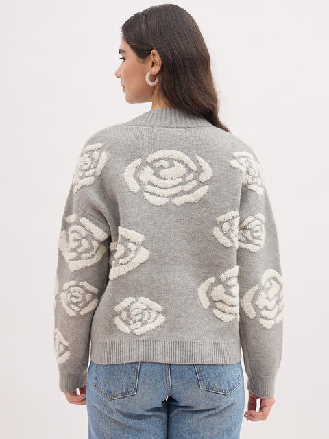 Madame Floral Design Printed Grey Sweater