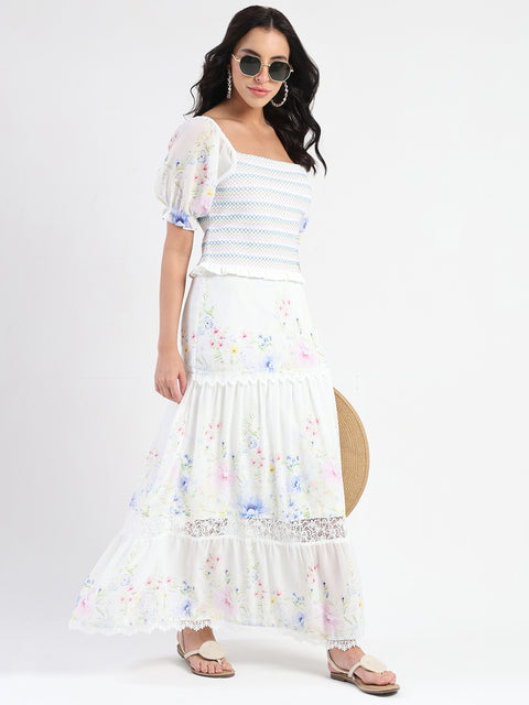 Madame Floral Print Tiered White Maxi Skirt