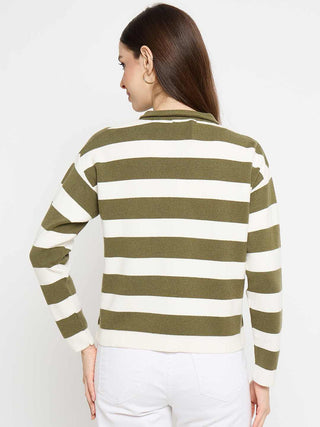Madame Striped Zip Up Olive Green Sweater