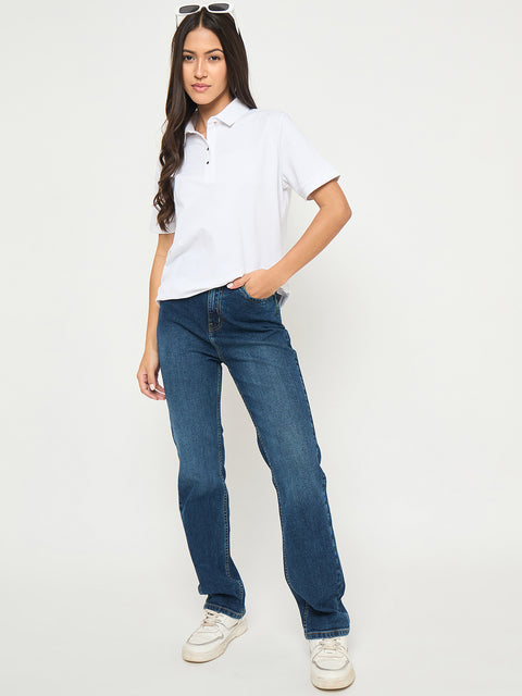 Madame Cotton Blend Solid White Polo T-shirt