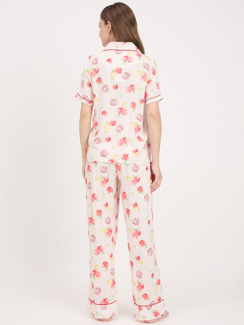 mSECRET Orange Printed Rayon Spread Collar Short Sleeve Night Suit