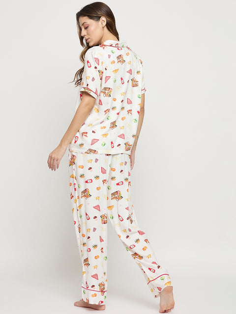 mSECRET Off White Printed Rayon Spread Collar Short Sleeve Night Suit