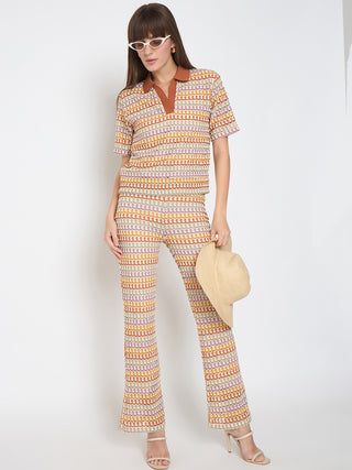 Madame Geometric Pattern Polo Top and Flared Pants Brown Co-ord Set