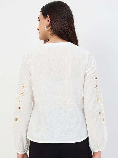 Madame White Embroidered Cotton-Linen Tunic Top
