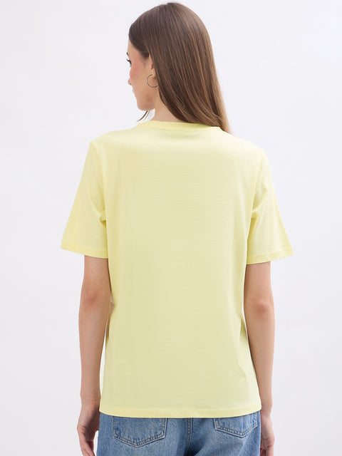 Madame Thread Embroidery Patchwork Yellow Cotton T-Shirt