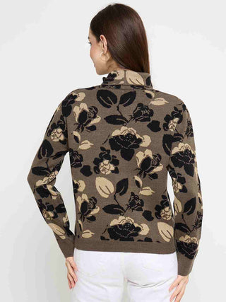 Madame Floral Print Turtleneck Olive Green Sweater