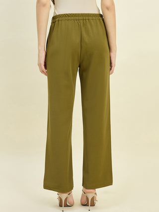Madame Solid Olive Straight Fit Trousers