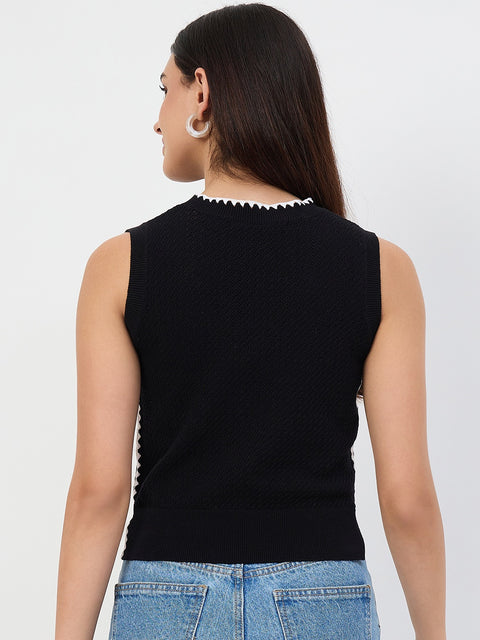 Madame Black Contrast Trim Cotton Blend Knit Top