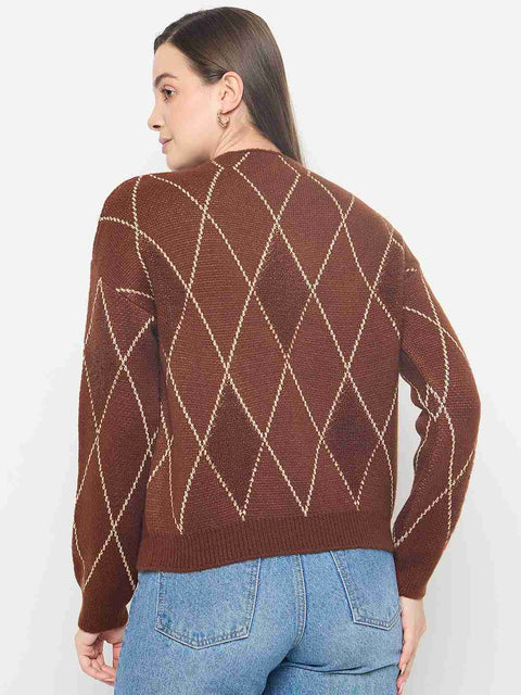 Madame Geometric Print Acrylic Blend Coffee Brown Sweater