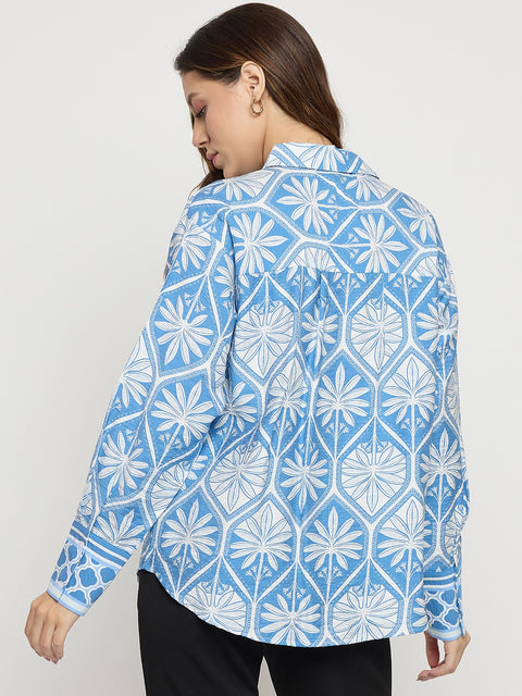 Madame Blue Printed Rayon Full Sleeve Shirt
