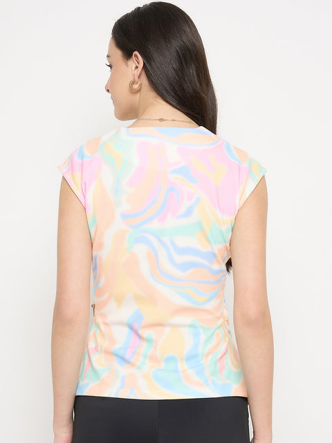Madame Peach Abstract Print Asymmetric Wrap Top