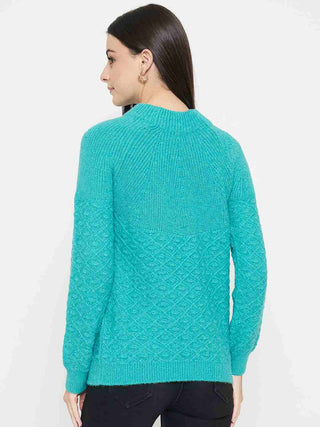 Madame Textured Mock Neck Peacock Green Acrylic Sweater
