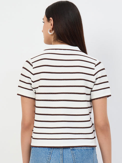 Madame Coffee Striped Cotton Polo Knit T-Shirt