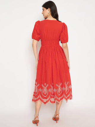Madame Cutwork Embroidery Empire Waist Red Cotton Midi Dress